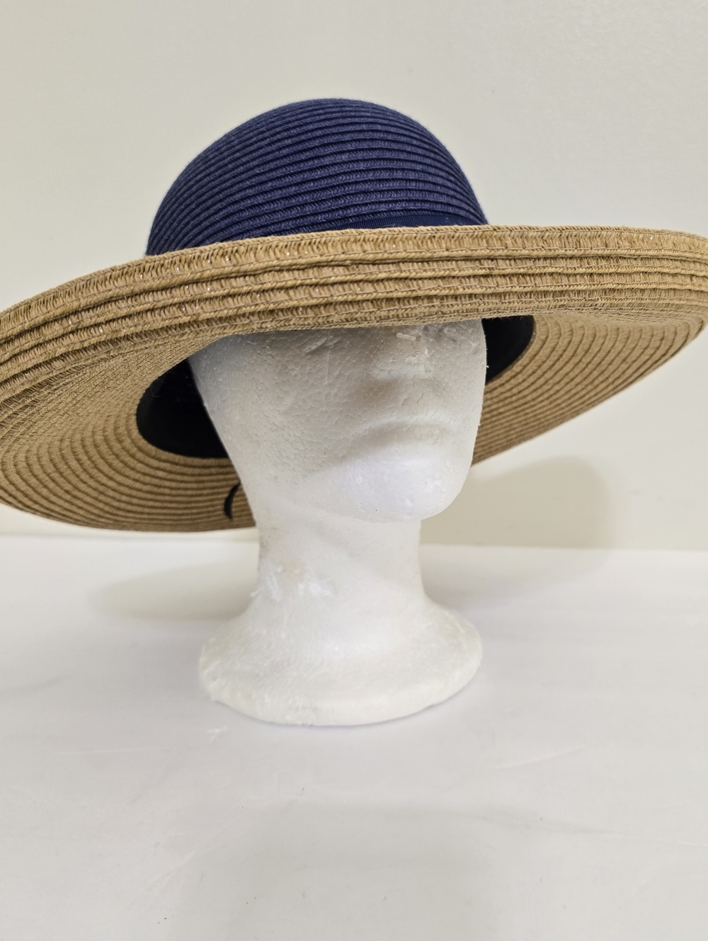 HBY Miami Toyo Braid Upturn Brim Hat Adjustable Fit Navy Tan Grosgrain Trim
